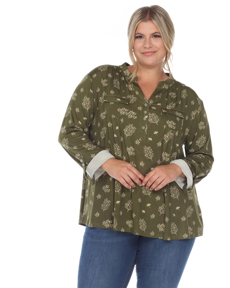 Front of a model wearing a size 1X Pleated Long Sleeve Leaf Print Blouse in Olive by White Mark. | dia_product_style_image_id:246815